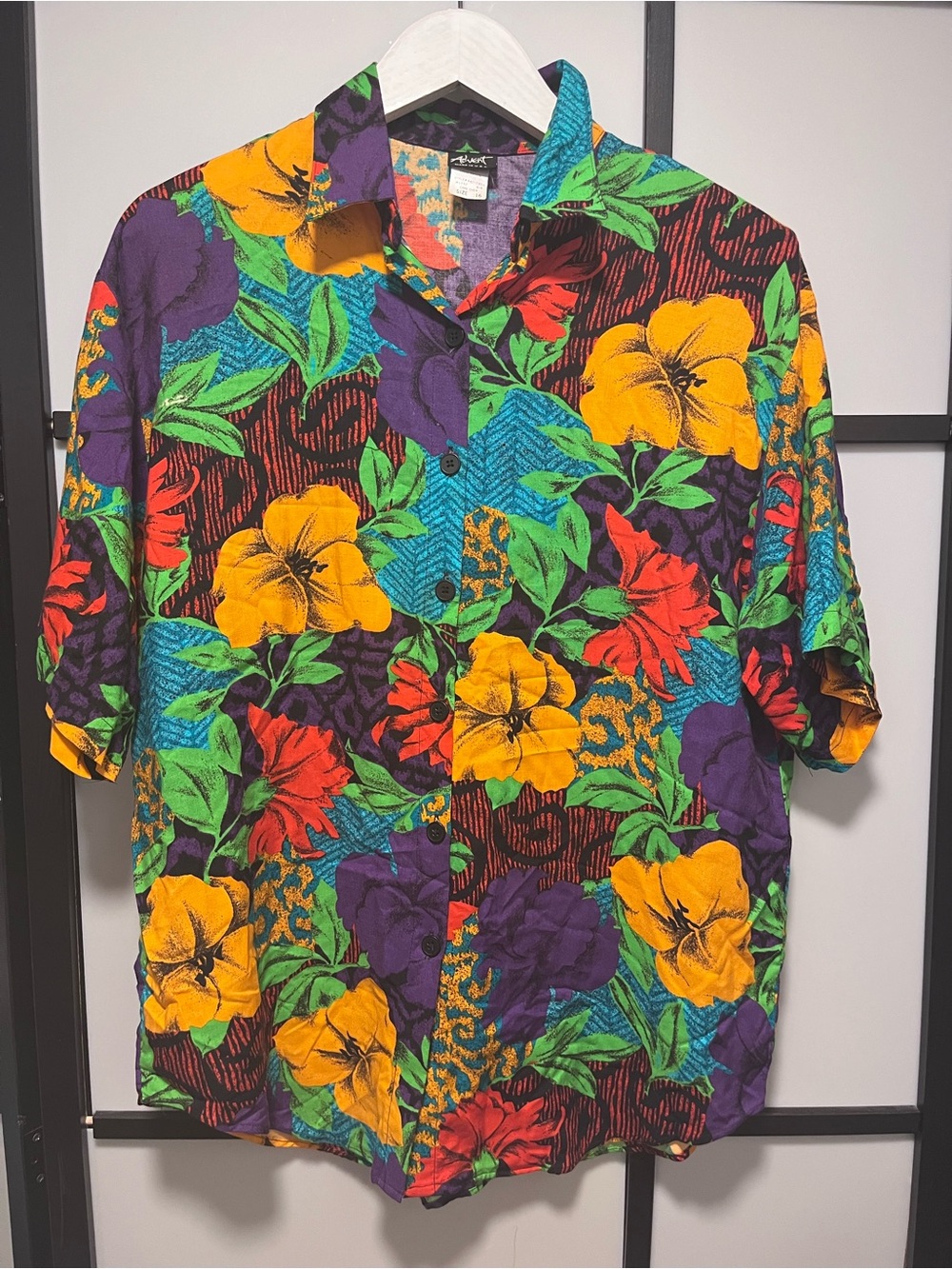 Vintage 80s 90s Advent Tropical Floral Hawaiian Shirt Rayon Made in USA Size 16